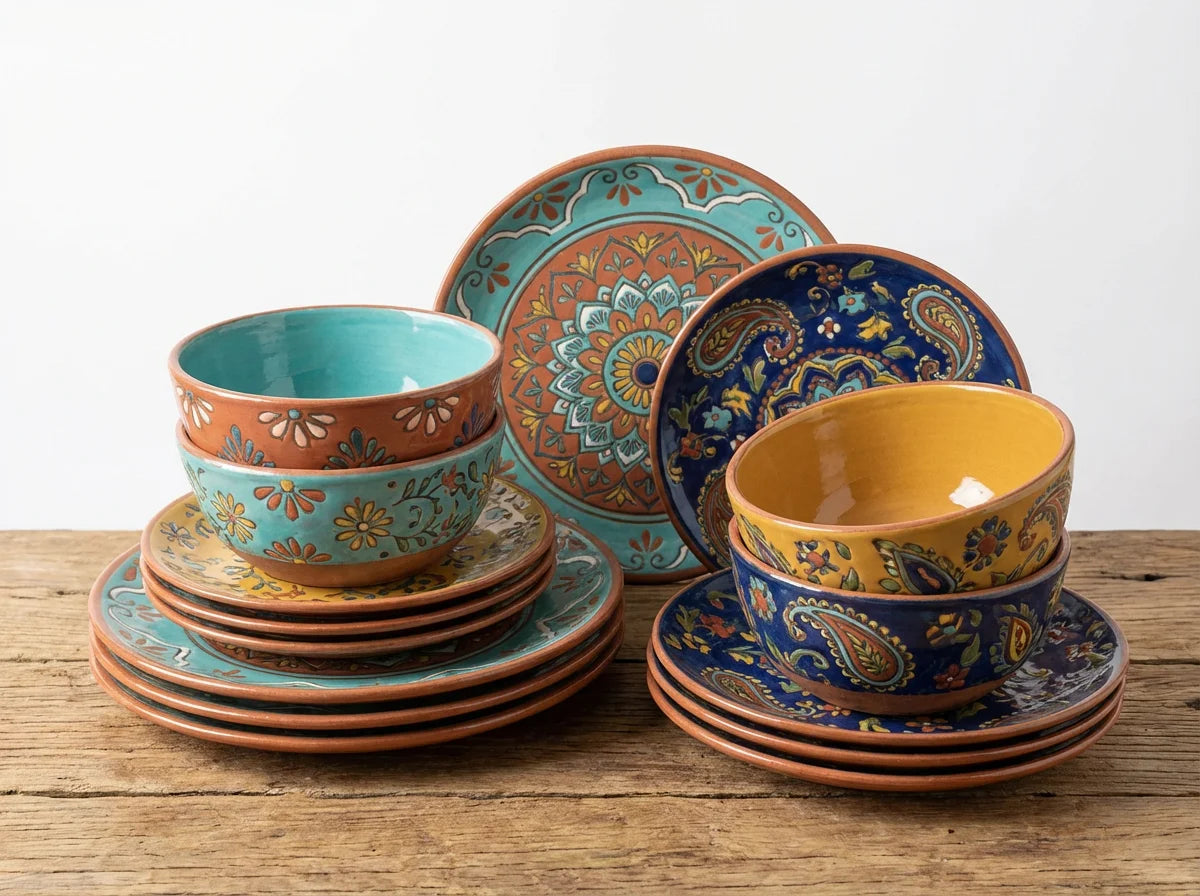 Hand Painted Glazed Ceramic Dinnerware Set Boho Colorful