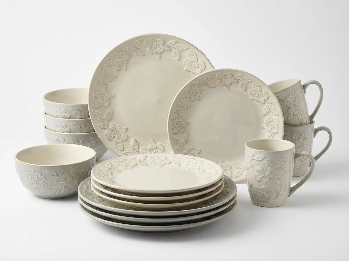 Embossed Floral Relief Stoneware Dinnerware Set 16 Piece