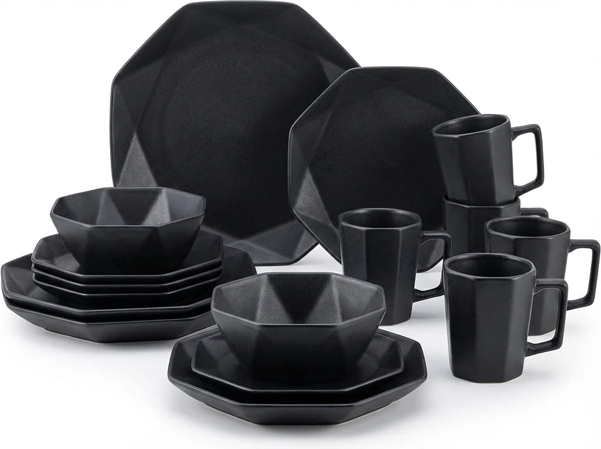 Modern Matte Black Stoneware Dinnerware Set 16 Piece